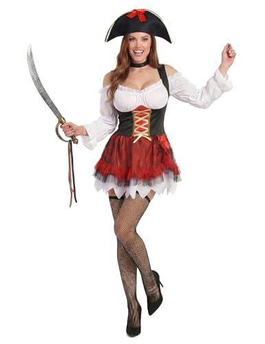 DEGUISE TOI - Déguisement pirate sexy blanc et rouge femme - Robe - Collier - Chapeau - S/M - Coloré - Déguisements adultes - 100% Polyester - Lavable à la...
