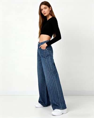 Flvsun Women's Striped Jeans Mid Rise Barrel Baggy Jeans 90S Vintage Wide Leg Casual Denim Pants 2026 Trendy Jeans Blue L — view 6