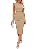 Pink Queen Women's Crew Neck Bodycon Dress Sleeveless Cutout Knee Length Club Knit Midi Dresses Khaki M
