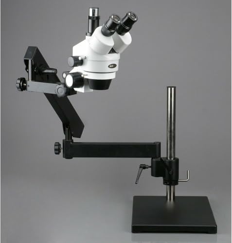 Image of AmScope SM-7TX-FRL Professional Trinocular Stereo Zoom Microscope, WH10x Eyepieces, 3.5X-45X Magnification, 0.7X-4.5X Zoom Objective, 8W Fluorescent Ring Light, Articulating-Arm Boom Stand, 110V-120V, Includes 0.5x Barlow Lens