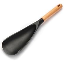 Silicone Cooking Spoon for Nonstick Cookware - Wooden Handle Kitchen Spoon for Mixing, Flipping, Scraping & Serving - Heat-Resistant Spatula for Baking, Stirring 11.4 Black 1-Pcs