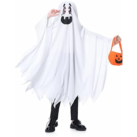 RITOSTA Ghost Costume Kids Halloween Costumes for Kids Ghost Costume Child Halloween Costumes Toddler Ghost Costume Hooded Dress Cloak Costume Cospaly Suit with Pumpkin Basket for Girls Boys Cover