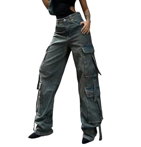 Jeans Pants Trousers Denim Street Retro Pocket Splicing Work Pants Straight Tube Drop Feel Wide Leg Casual Jeans for Women