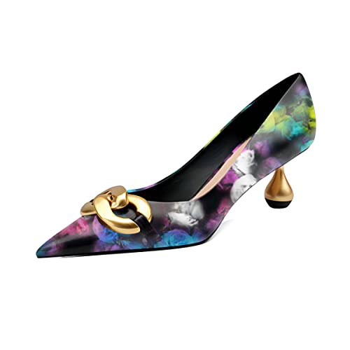 XYD Low Heel Closed Pointed Toe Pumps with Metal Chain Solid Golden Heeled Shoes for Women Slip On Professional Lady Formal