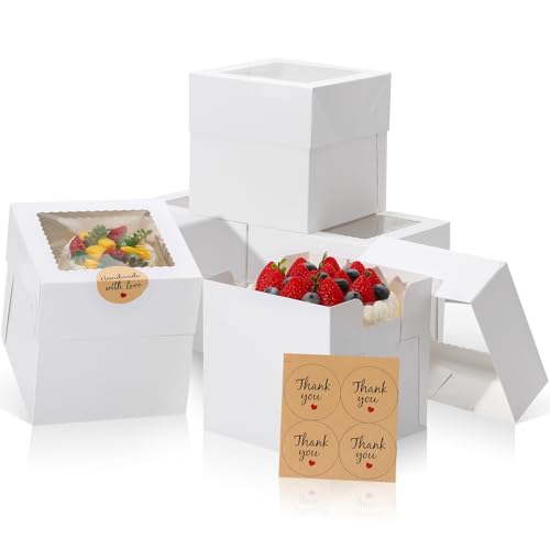 COTOPHER 4Pcs 6x6x6 Inches Mini Cake Boxes, White Square Bakery Boxes with Window, Small Cake Containers for Pastries, Cookies, Chocolates, Cupcakes, Birthday Party Cajas Pasteles