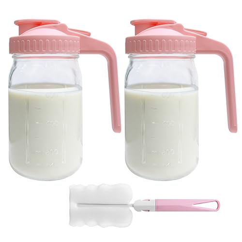 Image of 2 PACK Breast Milk Pitcher 32OZ Glass Breastmilk Pitcher with Lids Leak-proof Wide-mouth Mason Jar for Breastmilk, Resistant to Heat or Cold, Freezer-safe(Pink)