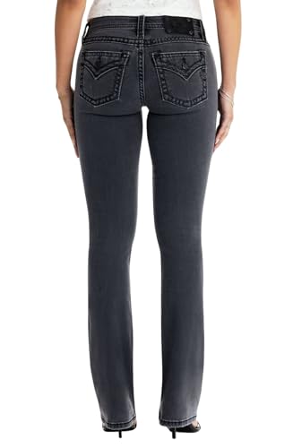 Miss Me Women's Embroidered M Logo Faux Flap Pockets Mid-Rise Bootcut Jeans