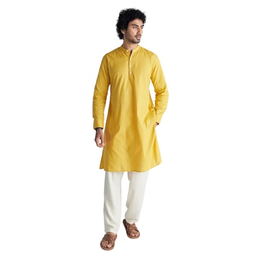 Image of SAADAA Men's Long Kurta - Linen Cotton Blend, Airy Fabric, Regular Fit, Mandarin Collar, Solid Color - Casual, Festive & Ethnic Wear