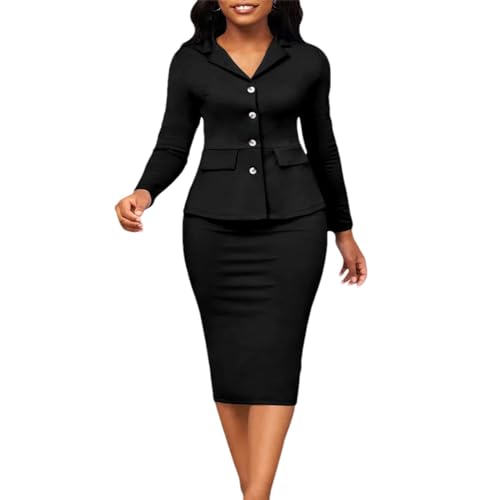 Women Solid 2 Piece Set Women Coat Tops + Bodycon Midi Skirt Suit Women Business Work Sets