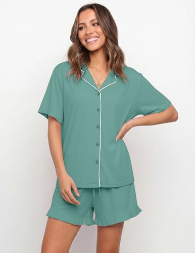Image of Ekouaer Womens Pajama Sets Button Down Short Sleeve Top and Shorts Cute Ruffled Pjs Sets Sleepwear