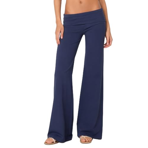 Image of Lounge Yoga Pants for Women Fold Over Low Waist Wide Leg Bell Bottoms | Y2K Foldover Pants, Flare Leggings, Low Rise Yoga Sweatpants