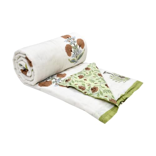 Image of BLOCKS OF INDIA Cotton Single Size Quilt Hand Block Print for Light Winters (60x90 Inches) (Open Green Motifs)