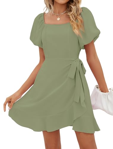 Image of Sampeel Womens Summer Dresses Square Neck Puff Sleeve Tie Waist Short Dress