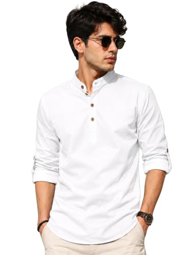 Image of Fifth U Men's Cotton Polyester Blend Solid Mandarin Collar Self Design Full Sleeve Casual Short Kurta