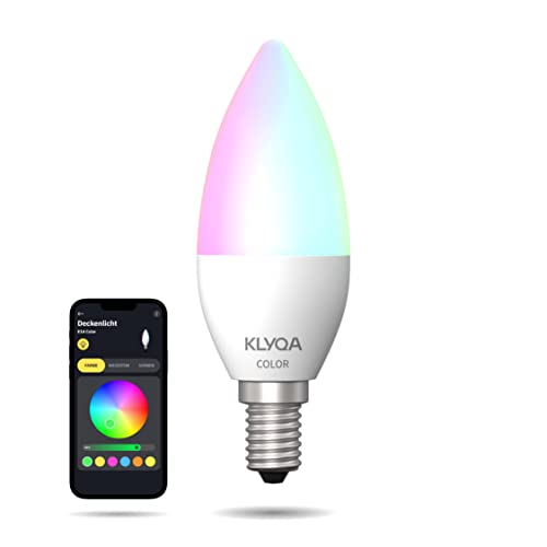 Klyqa E14 Color WLAN Lampe I Smarte & kerzenförmige Glühbirne mit Farben und Kalt- & Warmweiß I Kompatibel mit Smart Home Lösungen & Sprachassistenten I Dimmbar via App I Schmaler Fuß
