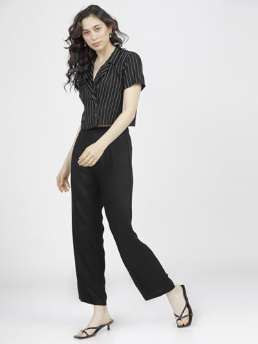 Image of Tokyo Talkies Women's Striped Double-Breasted Rayon Regular Fit Crop Top | Short Sleeves | Chic & Trendy| Women Tops | Stylish Top