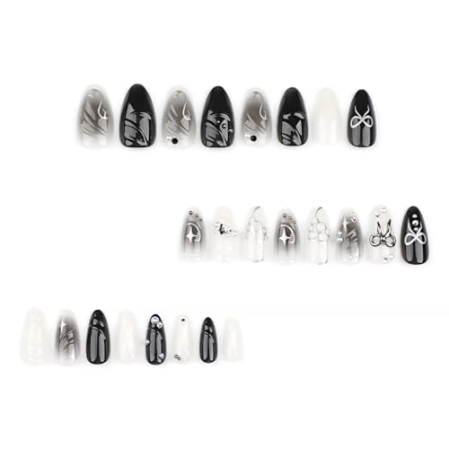Black Press on Nails Almond, Fake Nails with 3D Alloy Bow Pearl Designs, Black Gradient Glue on Nails Press ons Medium Acrylic Glossy Full Cover Stick on False Nails for Women 24 Pcs — view 2