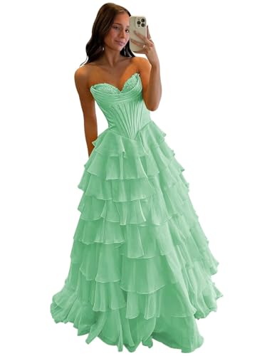 Mollyevers Strapless Corset Prom Dresses for Women Long Tiered Ruffle Chiffon Formal Evening Gowns with Slit