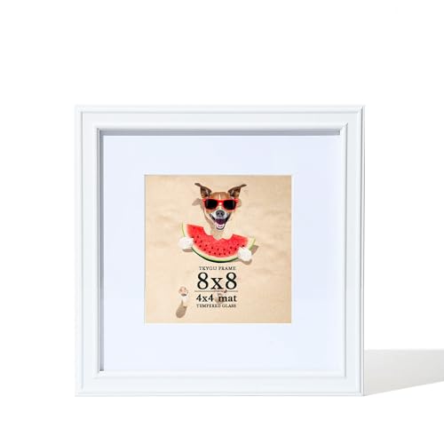 TKYGU 8x8 Picture frame White,Display Pictures 4x4 with Mat or 8x8 without, Square Photo frames Wooden with Real Glass for Wall Tabletop Perfect for Décor Gifts