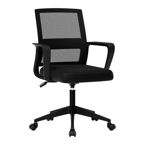 SUKIDA Netz-Bürostuhl, Ergonomischer Schreibtischstuhl mit Polster, Chefsessel mit Armlehnen, Task Chair Höhenverstellbarer Computerstuhl, Schwarz