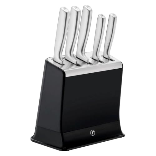 TEFAL EverSharp Pro Stainless Steel Knife Block with Integrated Automatic Sharpener 5-Piece Knife Set Chef Bread Santoku Utility Paring Knives Precision Steel Blades for Cooking K2976S04