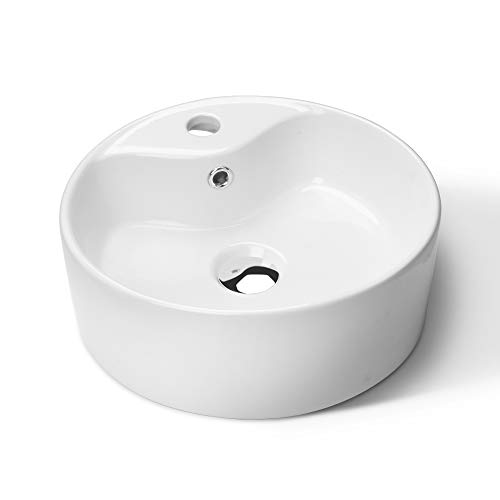 Buy 1 get 1 🔥 Round Ceramic Bathroom Vessel Sink with Overflow, 15.75" Above Counter Vanity Porcelain Faucet Hole Countertop Sink Art Basin, White