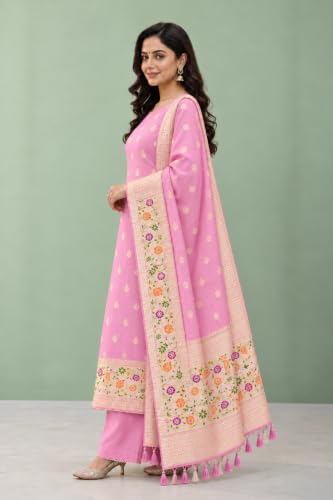 Image of SHANTVAN GALLERY Pure Zari Banarasi Silk Suit Dress Material for Woman Premium Banarasi Dress Materials for Women Unstitched Soft Silk Top Bottom Dupatta Mor Jal Design