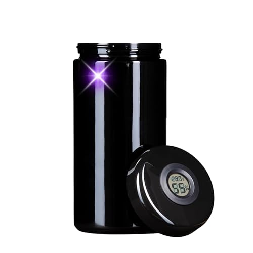 ANCEVIA Contenedor Hermético para Hierbas Aromáticas 1000 ml con Higrómetro Digital – Tarro de Cristal Violeta Miron con Tapa – Control de Humedad para Curado de Plantas Secas y Té – Protección UV