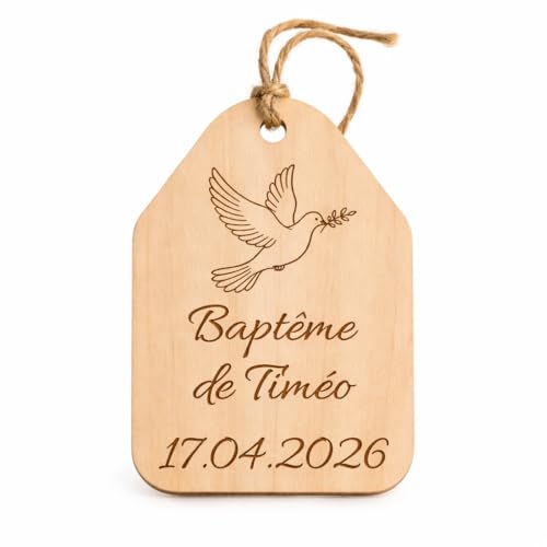 Étiquette Bois Personnalisée Colombe – Étiquette Baptême Personnalisée Prénom Date – Décoration Cadeau Naissance Communion – Bois Gravé 6,1 x 8,8...