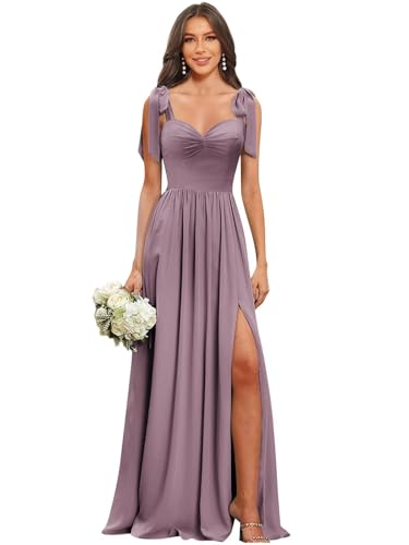 Women's Bow Straps Chiffon Bridesmaid Dresses with Slit Long Pleated Formal Evening Dress
