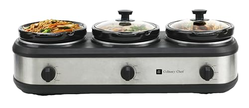 CULINARY CHEF, Triple Slow Cooker, Buffet Server 3 Pot, Food Warmer - Stainless