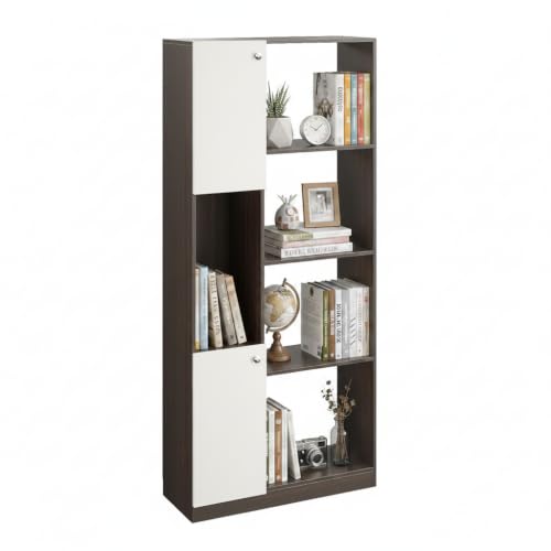 Image of FURNEASER Bookaura Wooden Bookshelf with Doors, Multipurpose Bookcase Storage Organizer for Living Room Modern Wooden Book Shelf Cabinet, Display Rack for Books & Decor (Wenge & White)