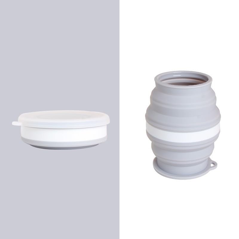 ENJHIKE Portable Silicone Foldable Cup With Lanyard Heat Resistant Collapsible Cups Lid Folding Storage Travel Mug For Hot Water (Grey, 350ML)