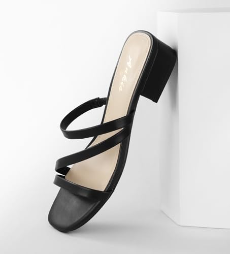 Image of Ankis Black Nude White Strappy Heels Women 1 Inch Low Chunky Block Heel Heeled Sandals Square Open Toe Slip On Slides Mules