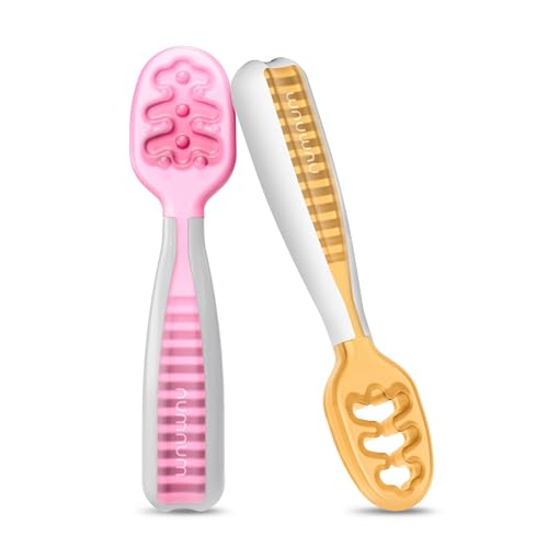 Image of NumNum Baby Spoons Set, Baby Essentials Pre-Spoon GOOtensils for 6+ Months, First Stage Self-Feeding Spoons for Baby Led Weaning (BLW), Silicone Toddler Utensils, BPA-Free, 2 Pack Pink/Orange