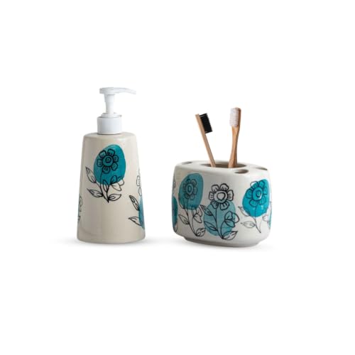 Image of ExclusiveLane 'Aqua Bloom' Hand-Painted Ceramic Bathroom Accessories Set of 2 (Liquid Soap Dispenser for Wash Basin, Paste & Toothbrush Holder) |Handwash Dispenser |Bathroom Organiser Set