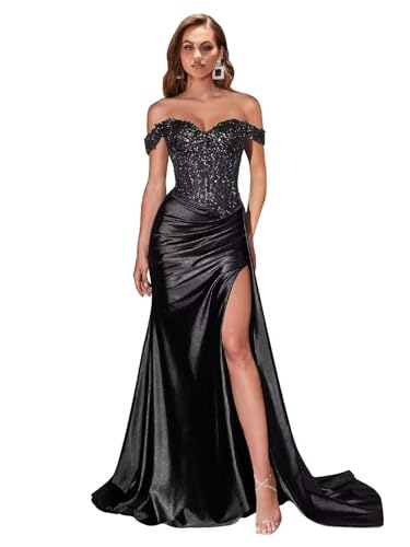 Mermaid Prom Dresses for Women Off Shoulder Satin Lace Corset Long Evening Formal Dress with Slit