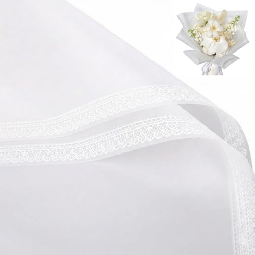 BBJ WRAPS White Flower Wrapping Paper, Lace Bouquet Wrapping Paper, Waterproof Korean Florist Supplies 20 Counts, 23.6x23.6 Inch (White)