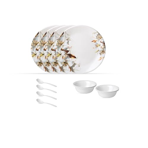 Image of Golden Fish 12 Pieces Dining Set for 4 | Full Plates with Veg Bowls & Eating Spoons Combo | Basic Dinnerware Set for Daily Meals | Lightweight, Easy to Use & Ideal for Home, Hostel & Gifting