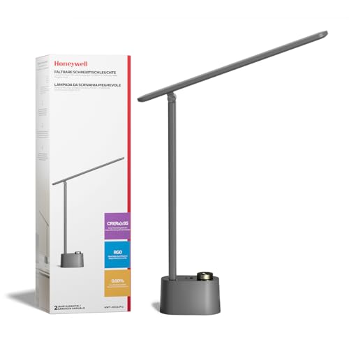 Honeywell Upgraded LED Desk Lamp - H01 Pro Sunturalux™ Foldable Desk Light with USB A+C Charging Port, 3 Color Modes Dimmable Table Lamp for Home Office Reading Grey