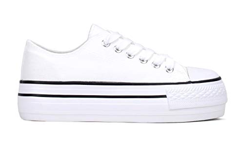 BOSANOVA Zapatillas Sneakers confeccionadas en Material de Canvas con Detalle de Finas lineas a Contraste en la Suela. Cierre con Cordones. Calzado para Mujer Blanco 39