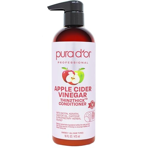PURA D'OR 16 Oz Apple Cider Vinegar Thin2Thick Conditioner - Biotin, Keratin, Caffeine, Castor Oil & Key Active Ingredients for All Hair Types, Men & Women
