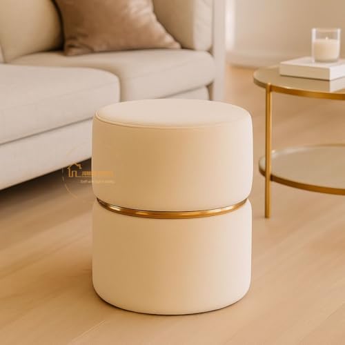 Image of Wooden Puffy Stool for Living Room Round Footstool - Ottoman Stool for Living Room Furniture Round Ottoman - Sitting Pouffe Ottoman Stool /Room Dcor /Office Stool - Cream