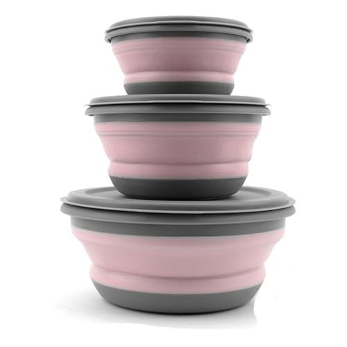 Huntoshon Collapsible Bowls 3pcs Food Grade Silicone Camping Bowl Salad Bowl with lids Portable Expandable Lunch Box Food Storage Container for Camping Travel and Picnic (Pink)