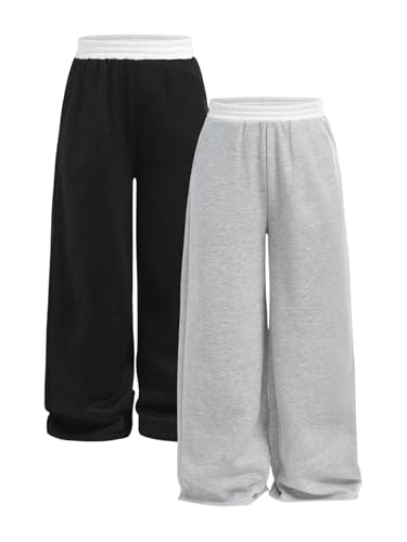Girl's Wide Leg Sweatpants Elastic Waist Color Block Baggy Sweatpants Joggers Track Pants 2 Pack