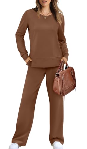 Image of WIHOLL Women's 2 Piece Lounge Sets Sweatshirt Casual Travel Outfits Fashion Wide Leg Tracksuit Cozy Sweatsuits