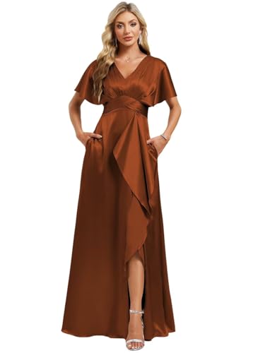 Image of Elegant Satin Bridesmaid Dress with Sleeves Ruffles High Silt Formal Dresses Long for Women Fall DIN022