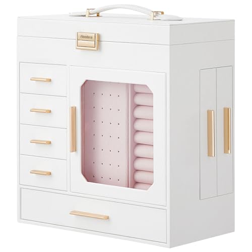 HOOBRO Jewelry Box with Mirror, Jewelry Organizer Box with Capacious Storage Space, Jewelry Holder Organizer, Hand-Held Jewelry Case, Vertical Storage, Modern Style, White and Light Gold WT06JB04G1 by HOOBRO - Used condition - Image 8