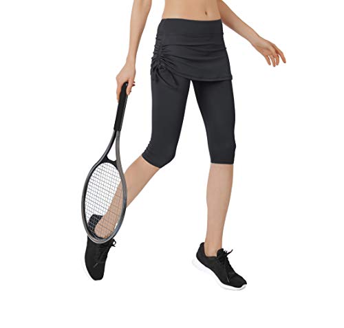 Women's Running Cropped Capri Pants Swim Skirted Sport Leggings Sun Protection m bk Black