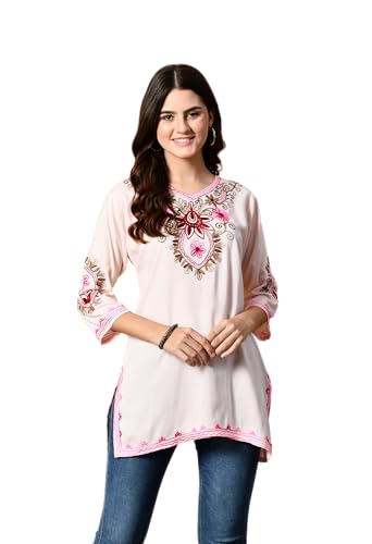 Image of LIBOZA Embroidered Kashmiri Tunic Top, Short Kurti for Women on Jeans, V-Neck, 3 /4 Sleeve, Floral Design,